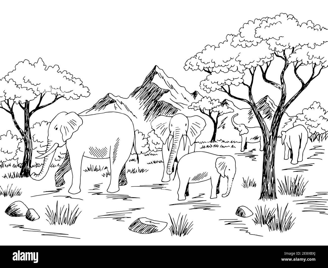 Elefant in Savanne Grafik schwarz weiß Landschaft Skizze Illustration Vektor Stock Vektor