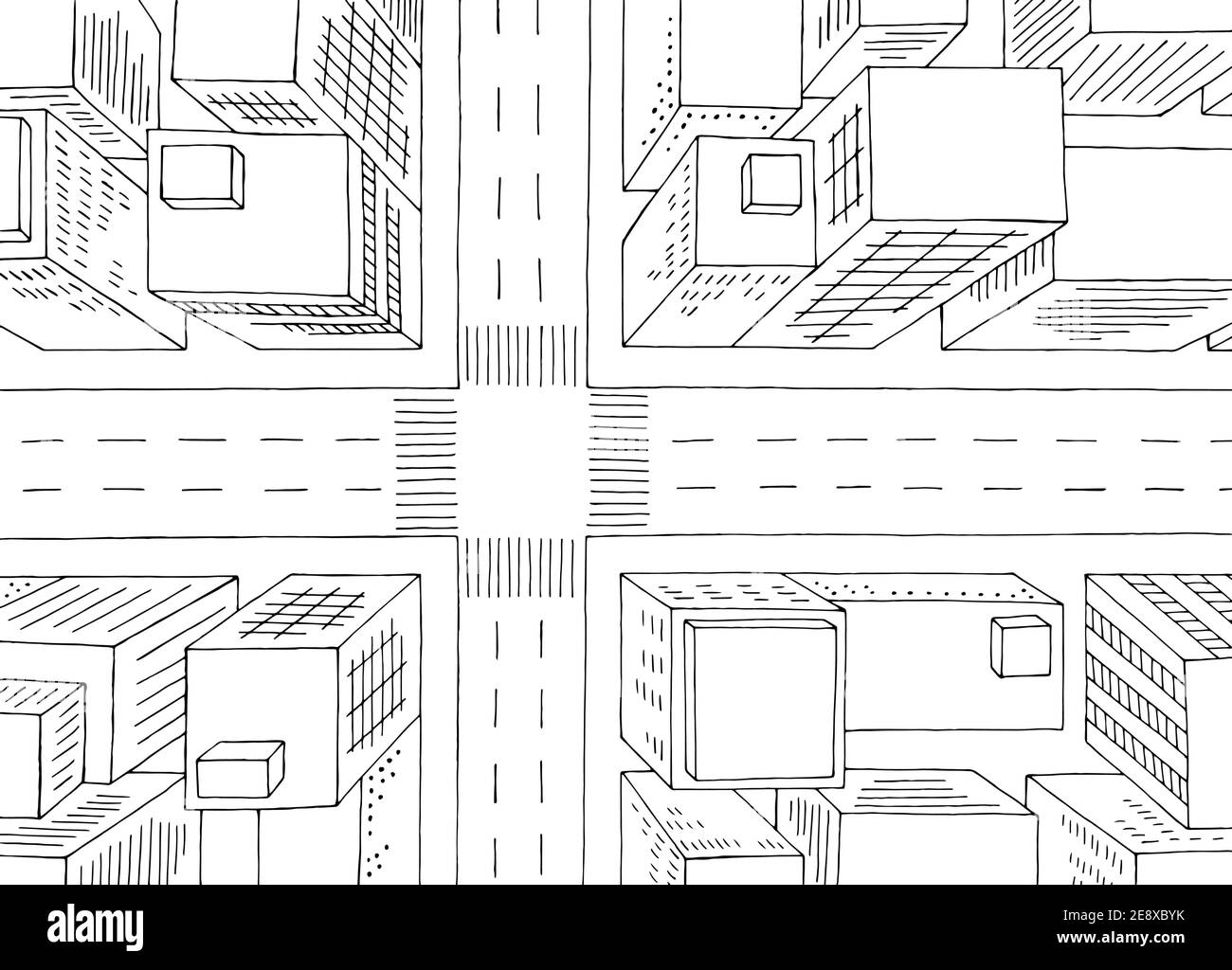 City Draufsicht von oben Luftüberfahrt Straßengrafik schwarz Vektor der weißen Skizzendarstellung Stock Vektor