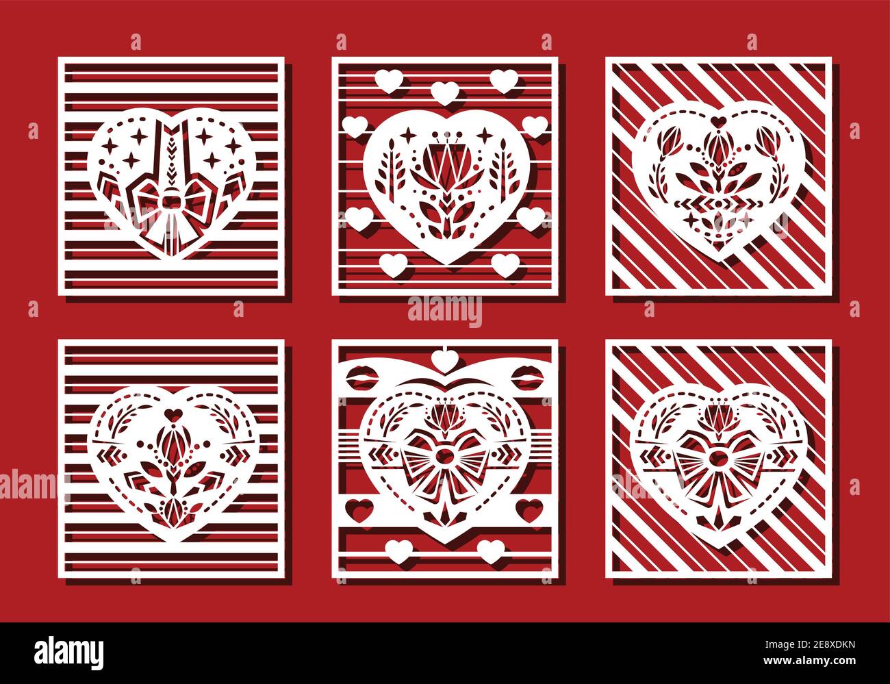 Herz im quadratischen Schnitt auf rotem Hintergrund zum Laserschneiden. Geometrie Blume, Bogen, Lippen in Herzform. Vektorgrafik. Stock Vektor