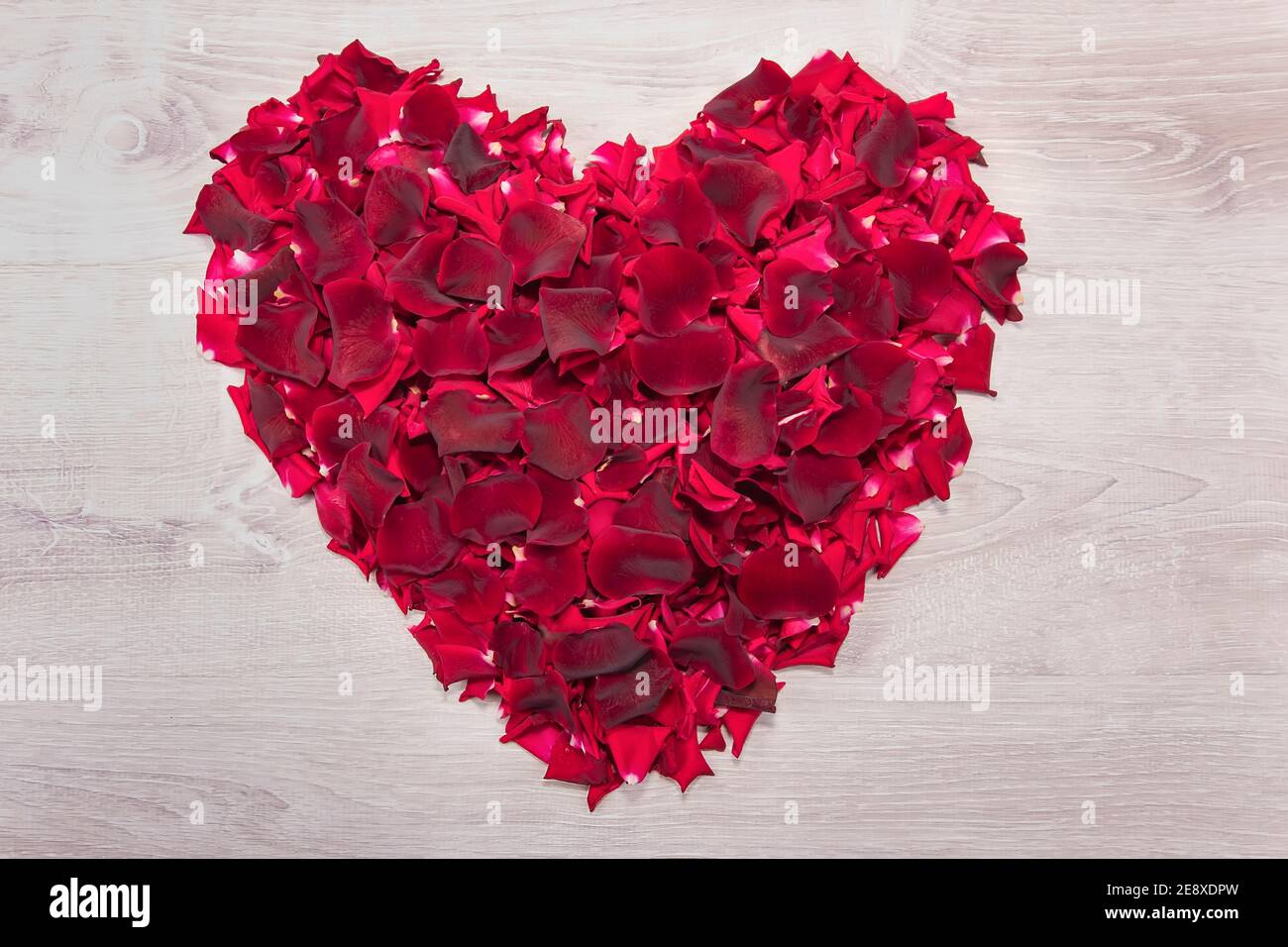Postkarte Mit Einem Grossen Herzen Aus Roten Rosenblattern Auf Einem Weissen Vintage Holztisch Rotes Herz Aus Blutenblattern Fur Den Feiertag Des Valentinstag De Stockfotografie Alamy