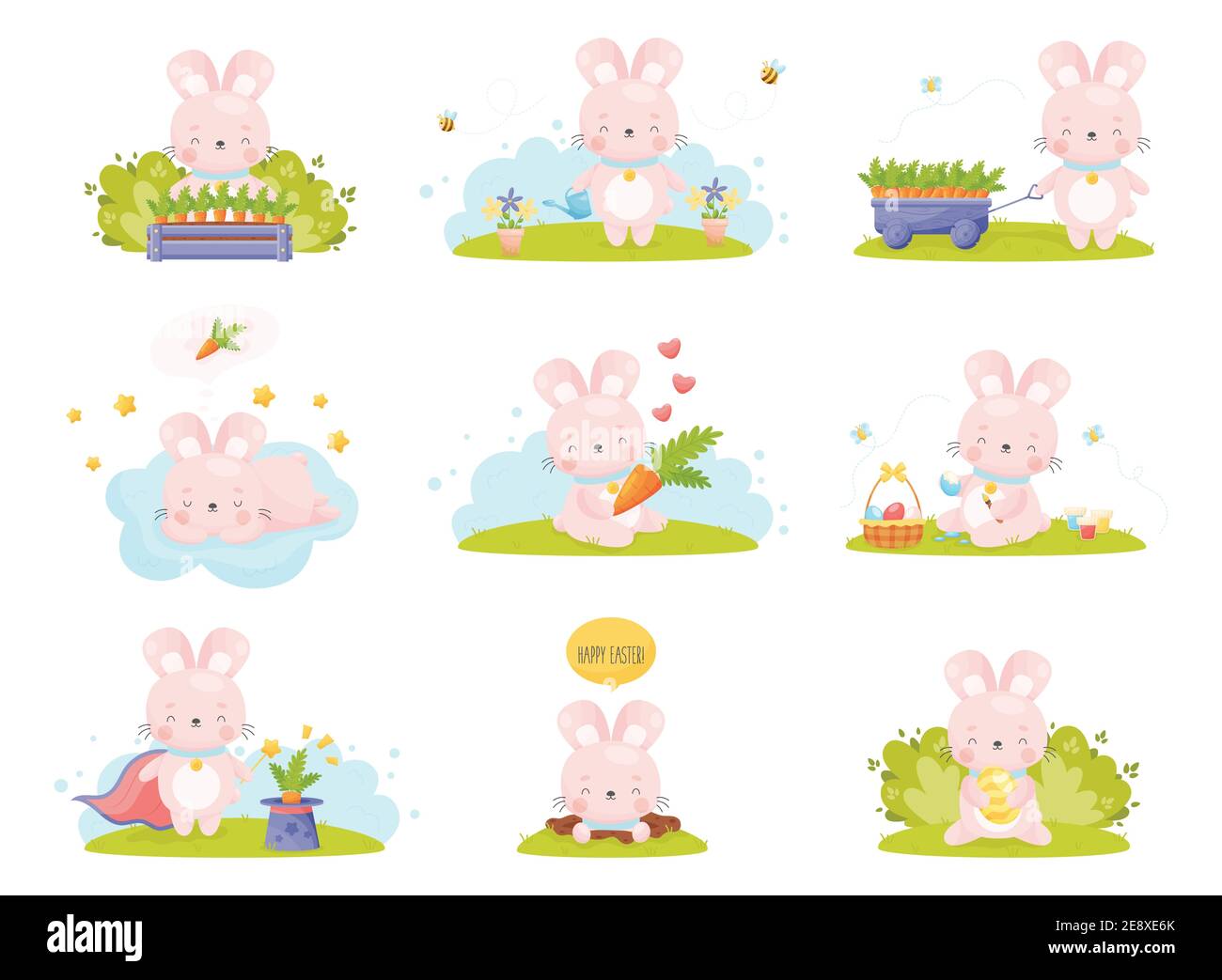 Niedliche Cartoon Ostern Hase Set. Vektorgrafik. Stock Vektor