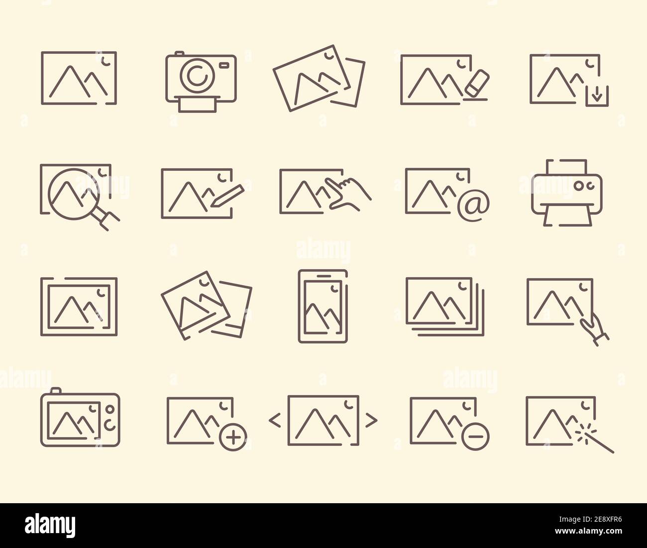 Einfache Reihe von umrissenden, fotobezogenen Liniensymbolen Stock Vektor