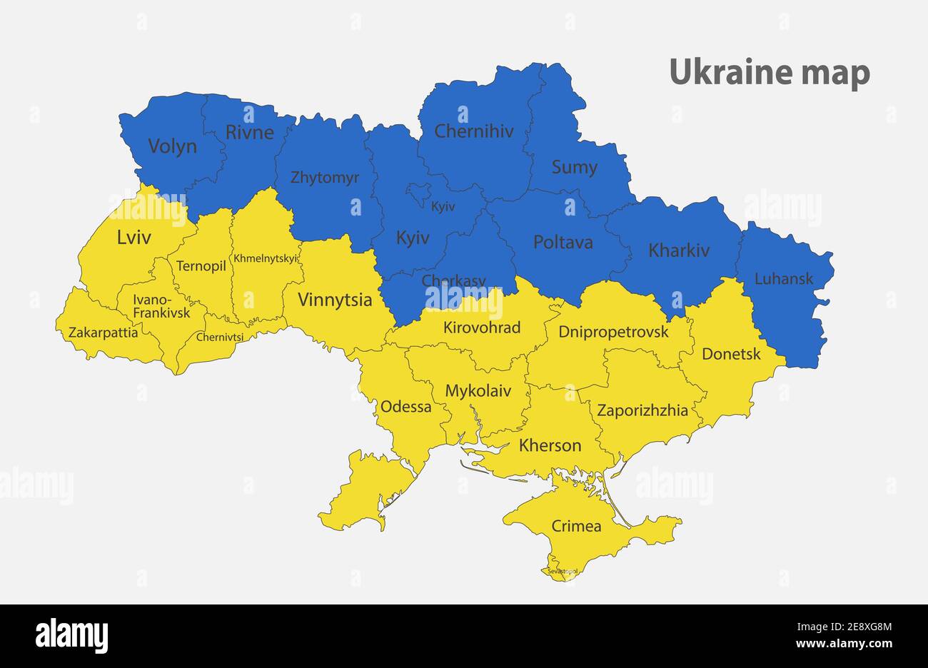 Karte der Ukraine in den Farben der Flagge, Verwaltungsdivisionen Vektor Stock Vektor