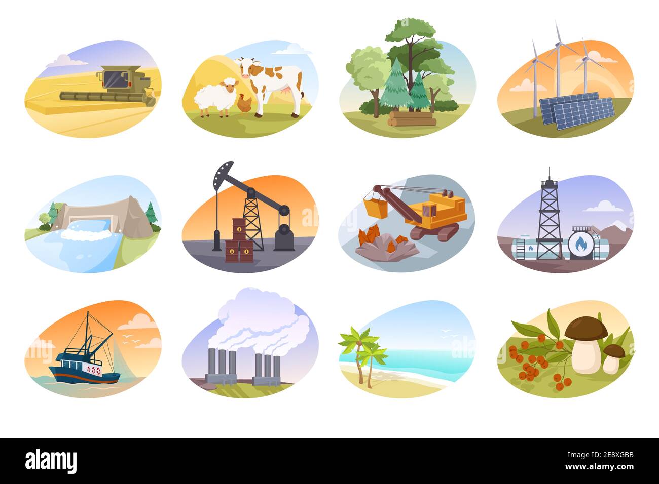 Illustrationen, die Arten von natürlichen Ressourcen darstellen Stock Vektor