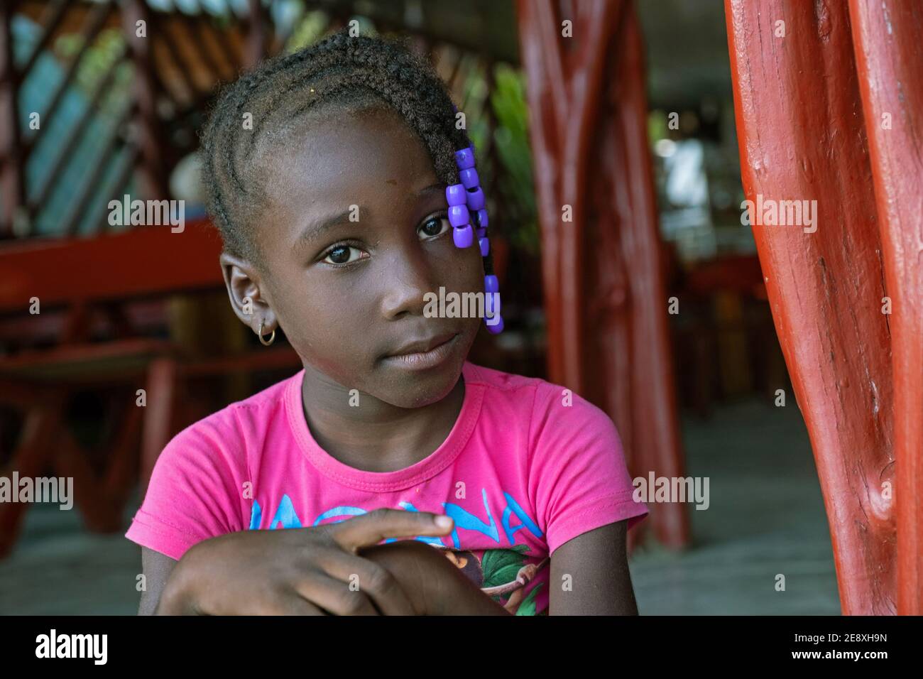 Nahaufnahme eines jungen afro-surinamesischen Mädchens mit geflochtenen Haaren im Menimi Eco Resort in der Nähe von Aurora, Sipaliwini District, Suriname / Surinam Stockfoto