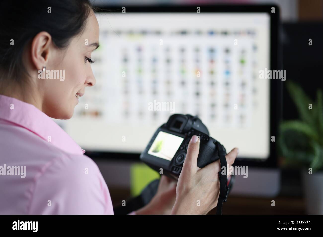 Junge Frau, die Kamera in den Händen hält und Fotos ansieht Stockfoto
