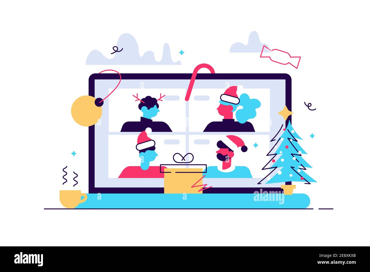 Mann und Frau treffen sich online über Videokonferenz auf Ein Notebook Stock Vektor