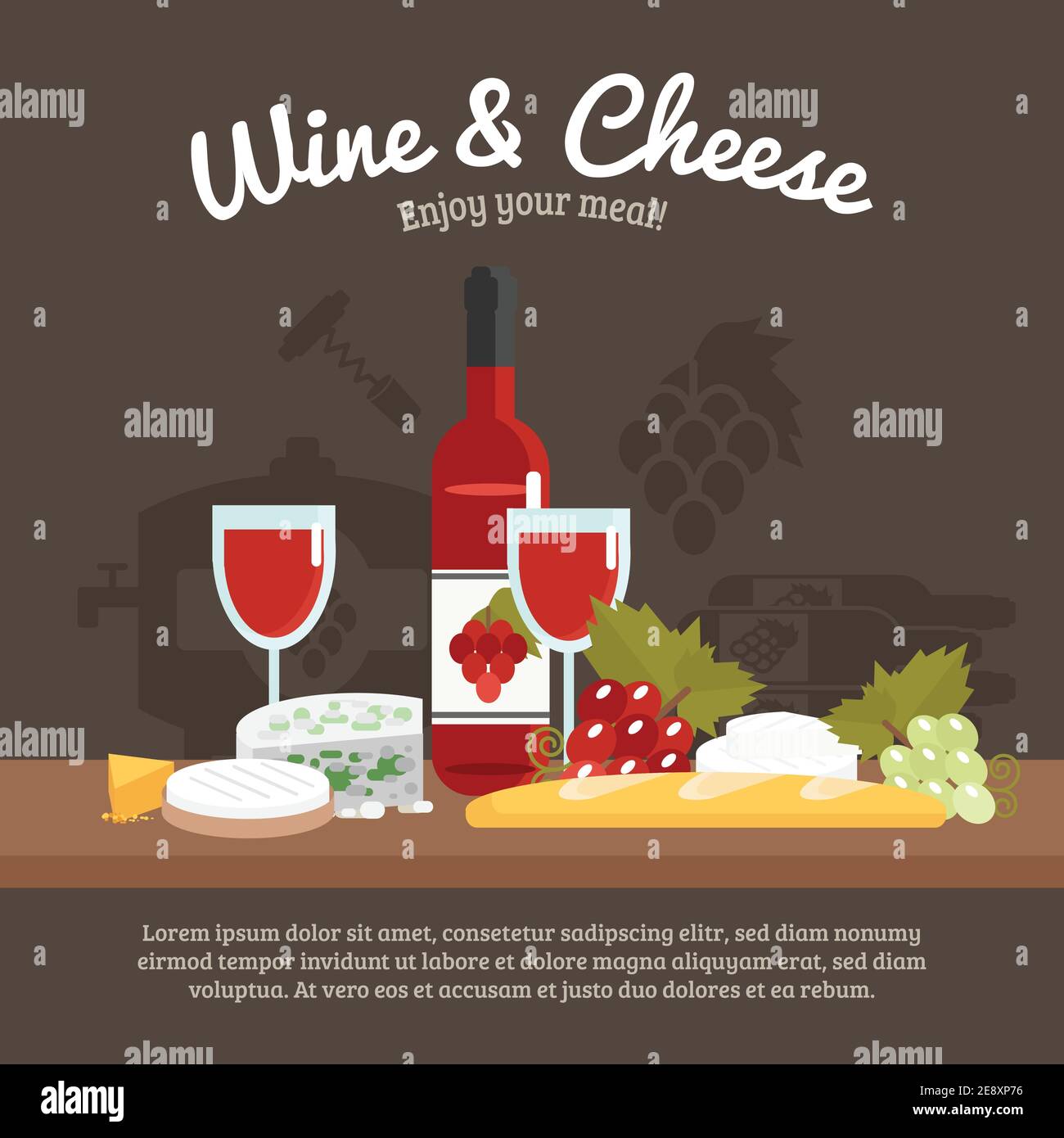 Wein und Käse Stillleben mit genießen Sie Ihre Mahlzeit Slogan Flache  Vektorgrafik Stock-Vektorgrafik - Alamy