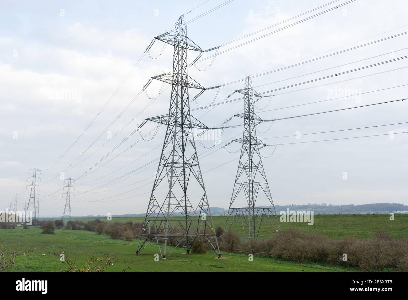 Zwei Pylonen im Vordergrund mit mehr Pylonen in einem Feld verschwindet in der Entfernung zwischen Bäumen auf einem bewölkten Trüben Tag in England Stockfoto