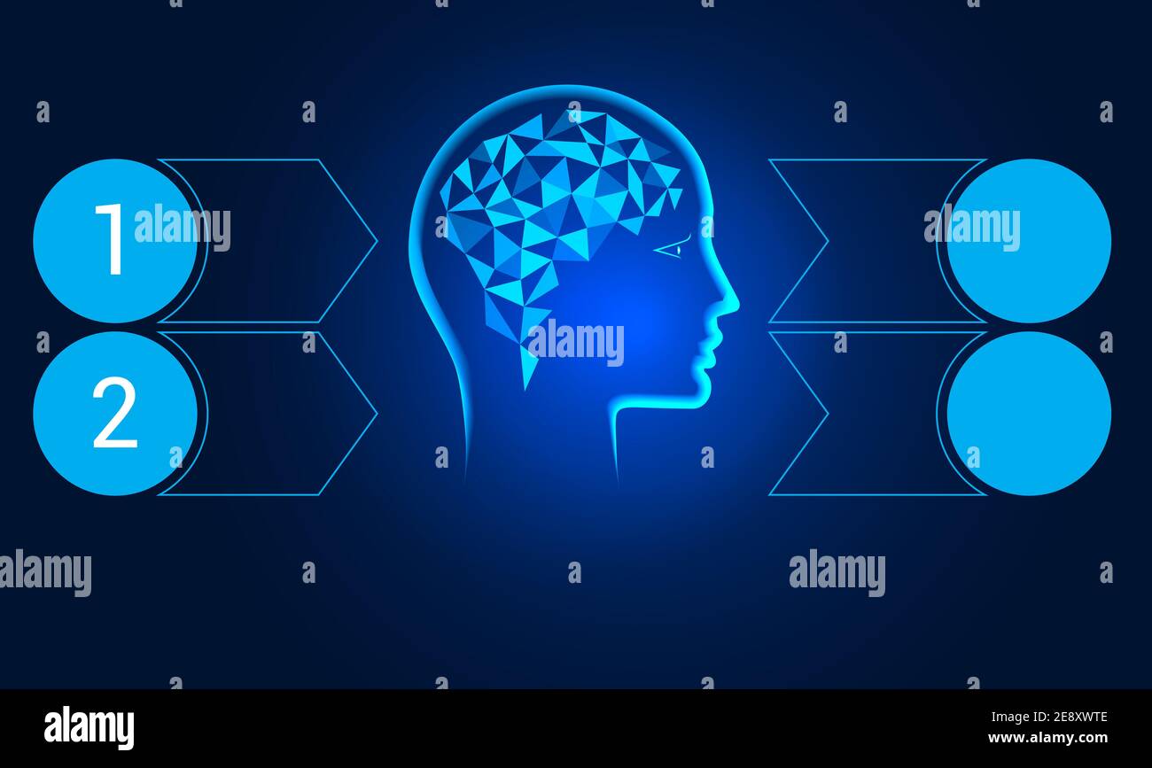 Menschlicher Kopf, polygonales Gehirn. Blauer Hintergrund. Vorlage für konzeptionelle Infografiken an 2 Positionen. Stockfoto