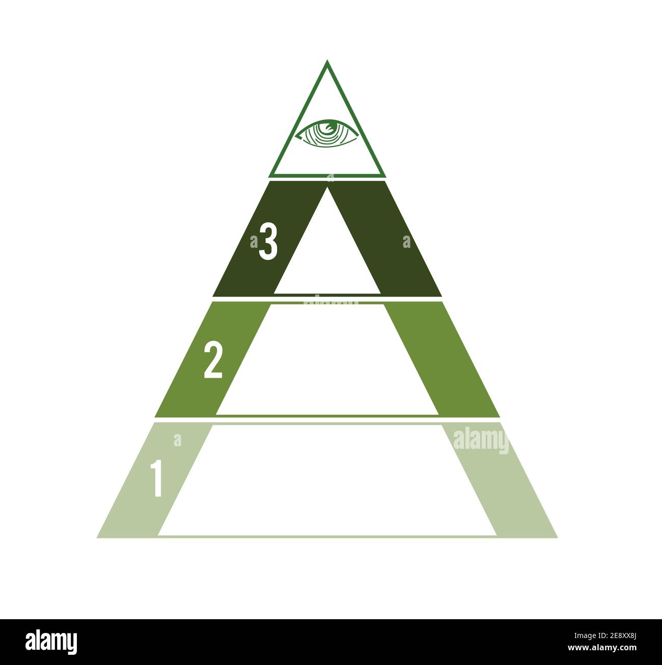 Pyramide für 3 Textbereiche. Auge der Vorsehung. Сoncept der erfolgreichen finanziellen Aktivitäten. Grünton. Infografik-Vorlage für Geschäftsprozesse. Stockfoto