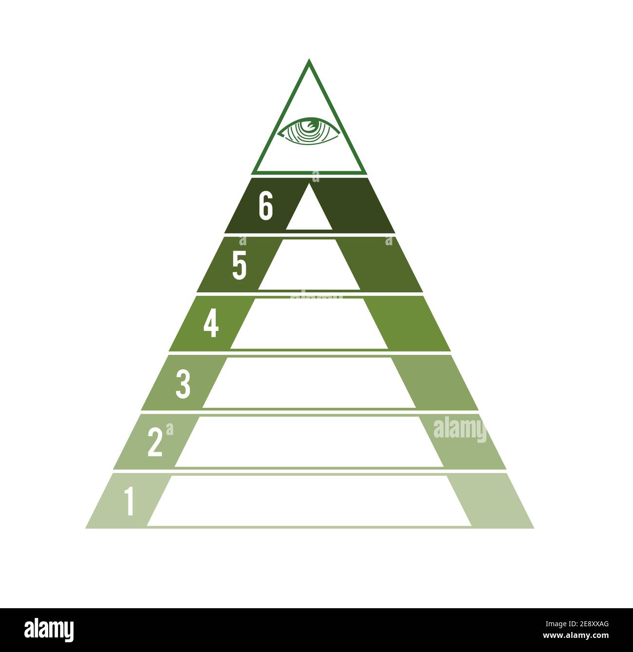 Pyramide für 6 Textbereiche. Auge der Vorsehung. Сoncept der erfolgreichen finanziellen Aktivitäten. Grünton. Infografik-Vorlage für Geschäftsprozesse. Stockfoto