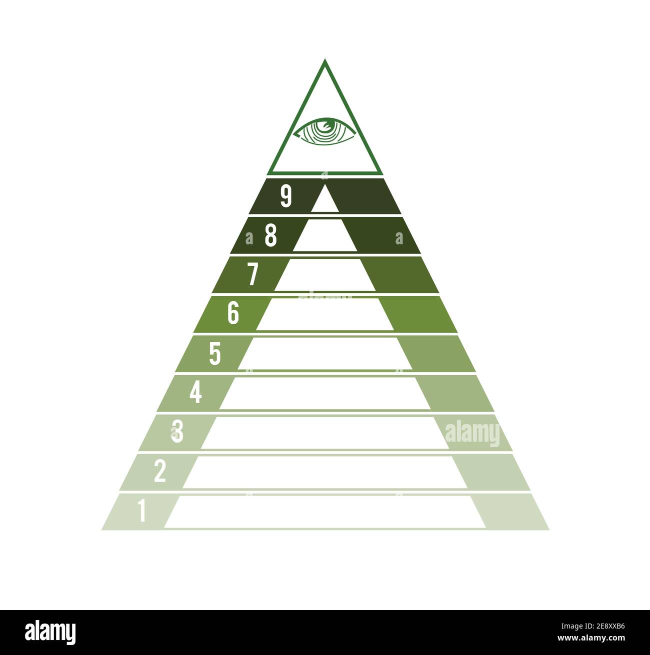 Pyramide für 9 Textbereiche. Auge der Vorsehung. Сoncept der erfolgreichen finanziellen Aktivitäten. Grünton. Infografik-Vorlage für Geschäftsprozesse. Stockfoto