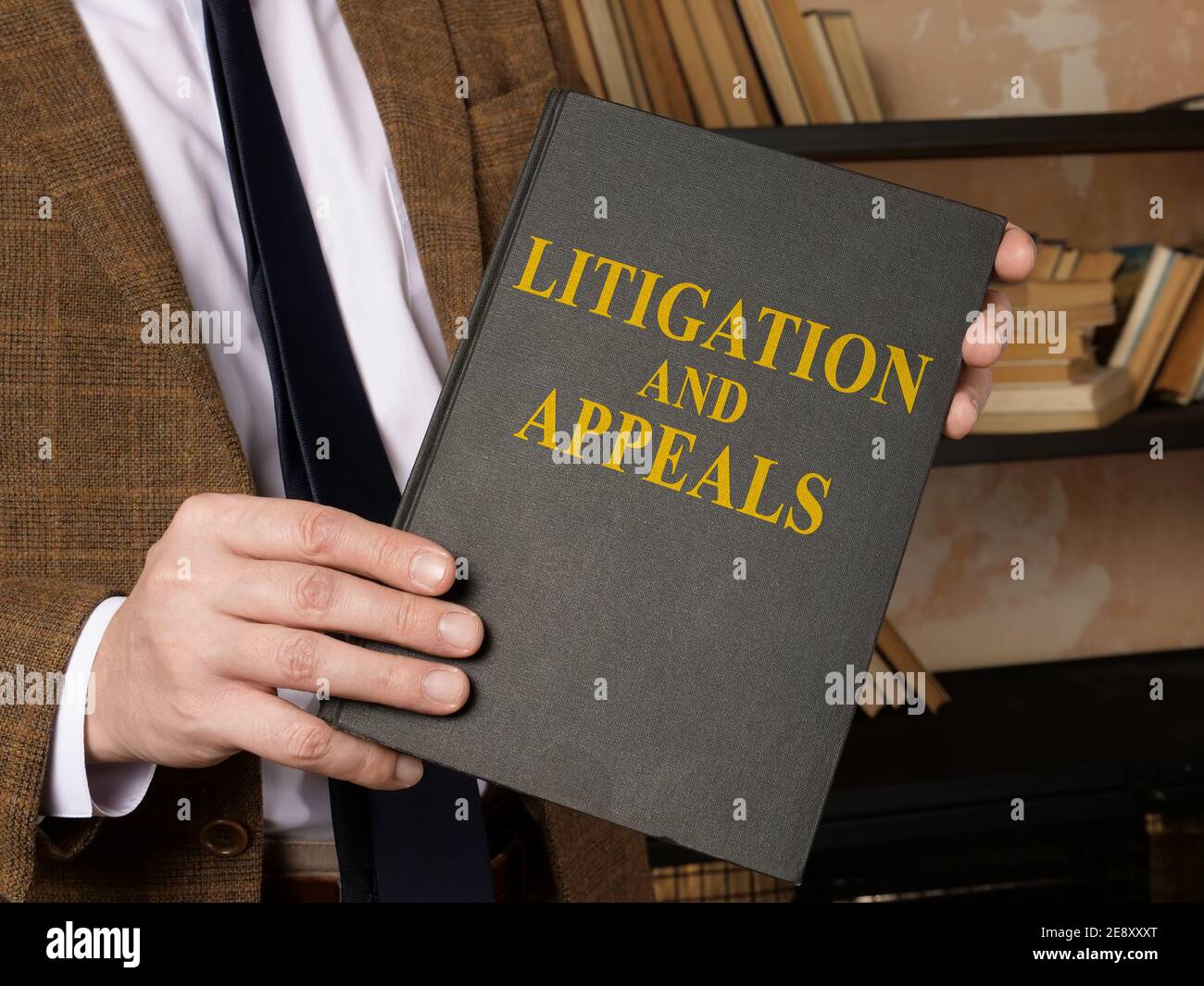 Hand mit Rechtsstreitigkeiten und Rechtsstreitigkeiten Regelwerk. Stockfoto