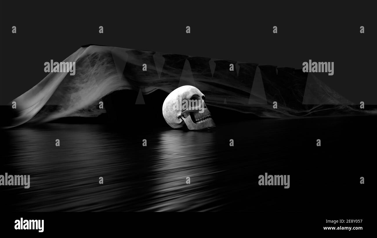 schwarzer 3D-Text mit Totenkopf und Spinnennetz vor dunklem Hintergrund - 3d-Rendering Stockfoto