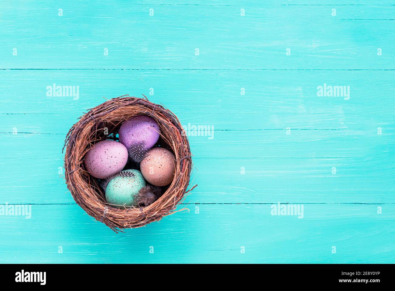 Bemalte Eier im Nest auf türkisfarbenem Holztisch. Osterkonzept. Draufsicht, flach liegend, Kopierbereich. Stockfoto
