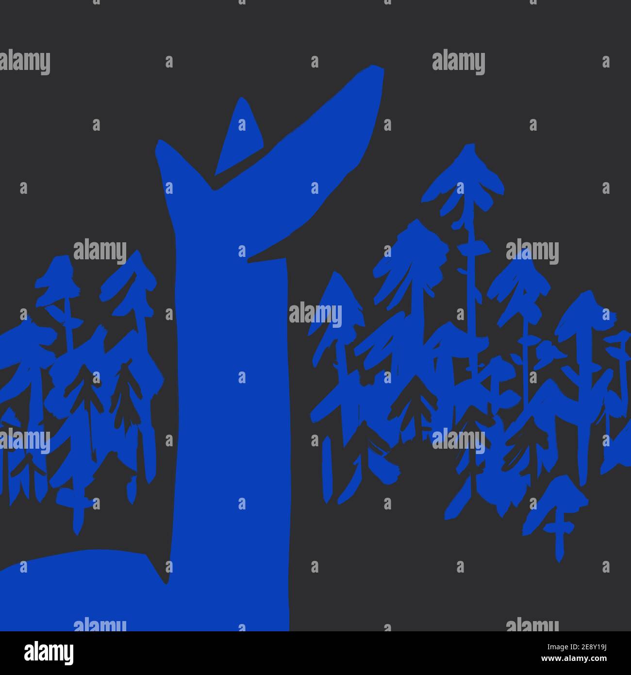 Abstrakt blauer Wolf und Wald Schablone in schwarzem Hintergrund. Fauvismus und Cut-Out-Vibe von Henri Matisse. Für Kunst Produkt Print Poster und Mode. Stockfoto