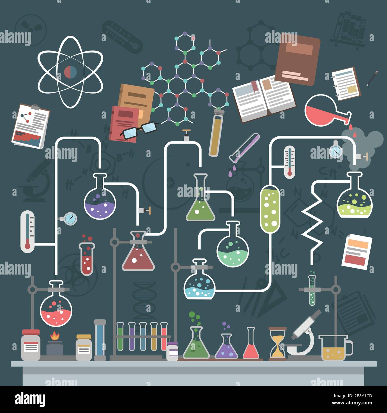 Science Lab Konzept mit flachen Kolben und Physik Symbole Vektor Abbildung Stock Vektor