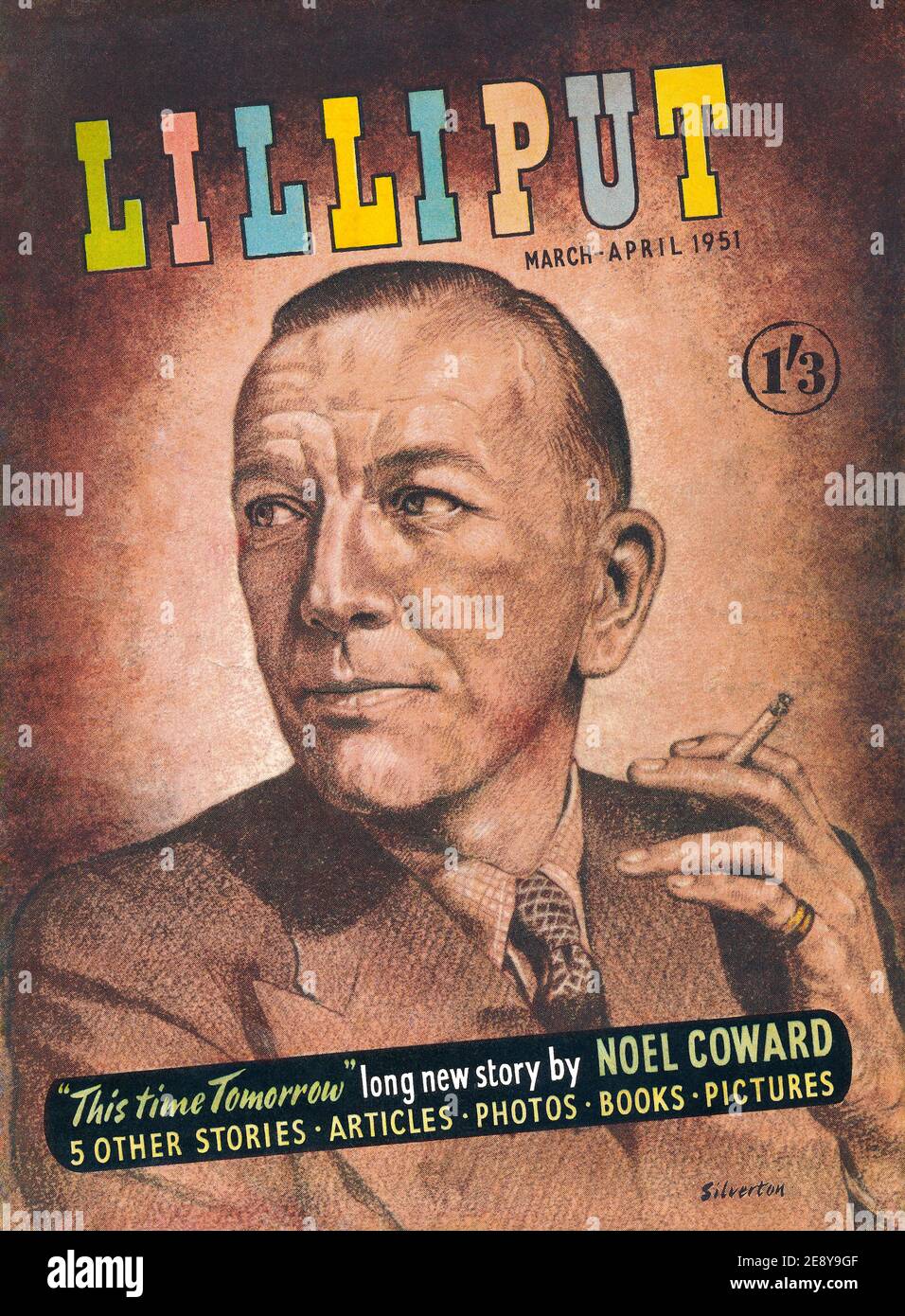 Vintage Frontcover des Lilliput Magazins für März-April 1951, mit einer Illustration von Noel Coward. Stockfoto