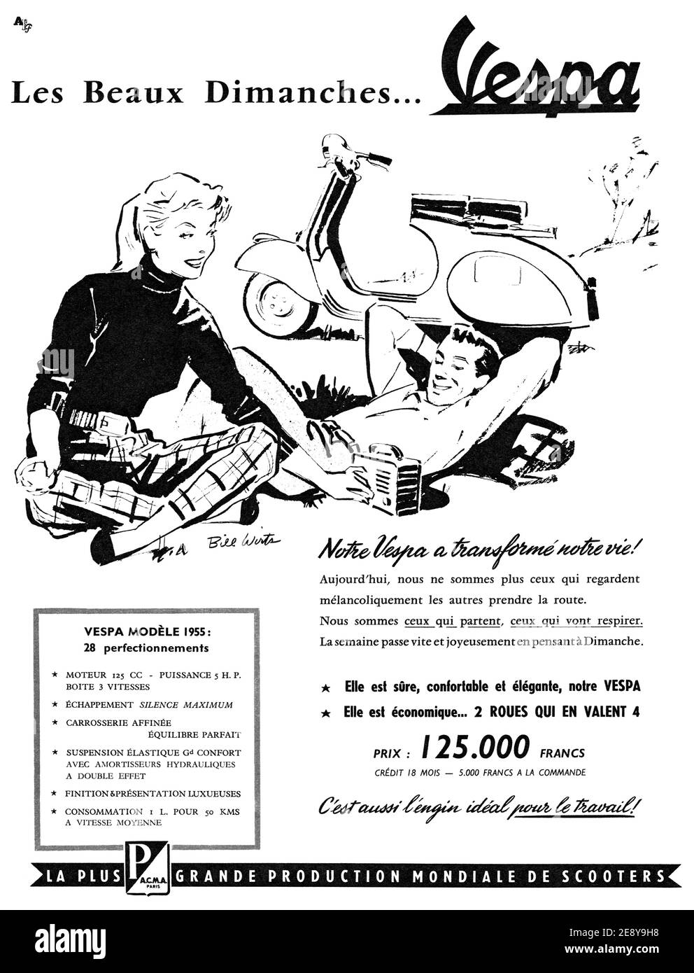 1955 Französische Werbung für Vespa Motorroller. Stockfoto