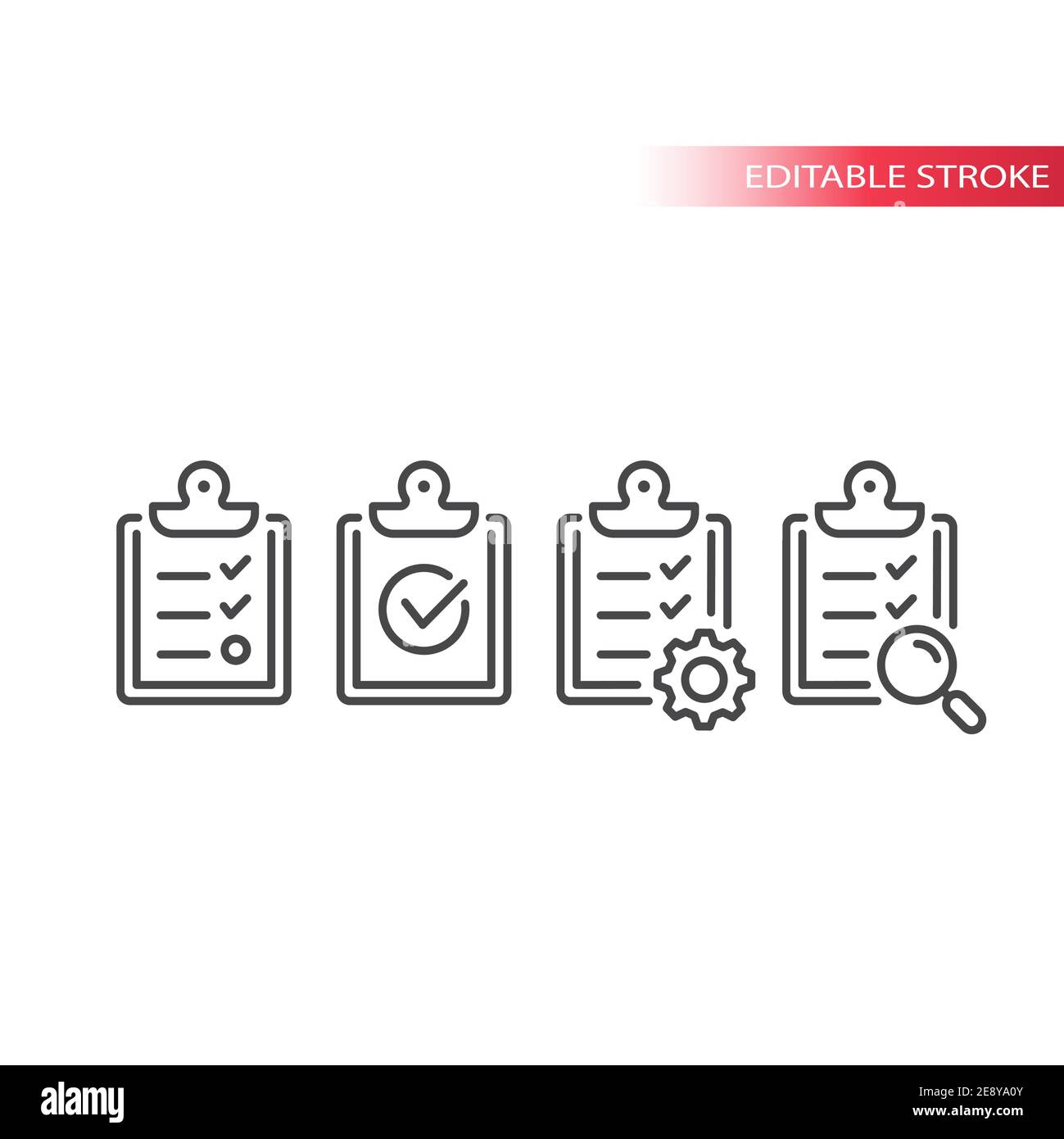 Zwischenablage mit Checkliste, Zahnrad und Häkchen. Linienvektor-Symbolsatz, editierbare Kontur. Stock Vektor