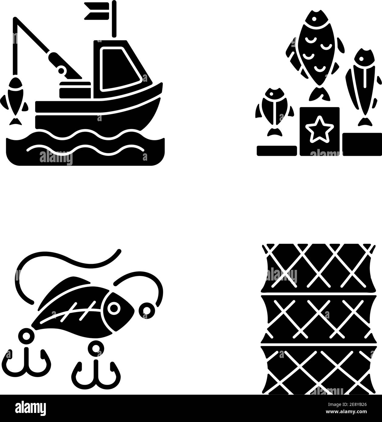 Angelausrüstung schwarze Glyphen-Symbole auf weißem Raum gesetzt Stock Vektor