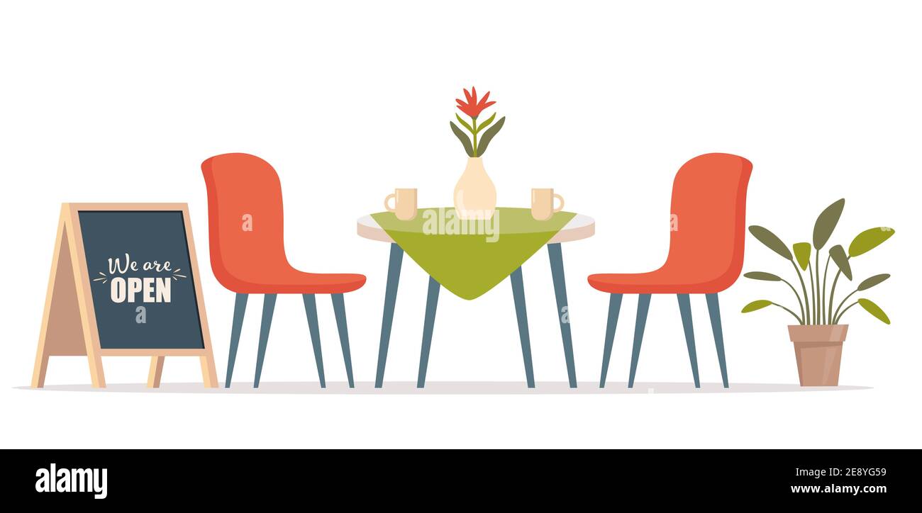 Sommer-Café im Freien mit Tisch und Stühlen, Kreidetafel. Restaurant-Szene in flachem Design. Romantischer Esstisch für zwei Personen. Vektorgrafik Stock Vektor