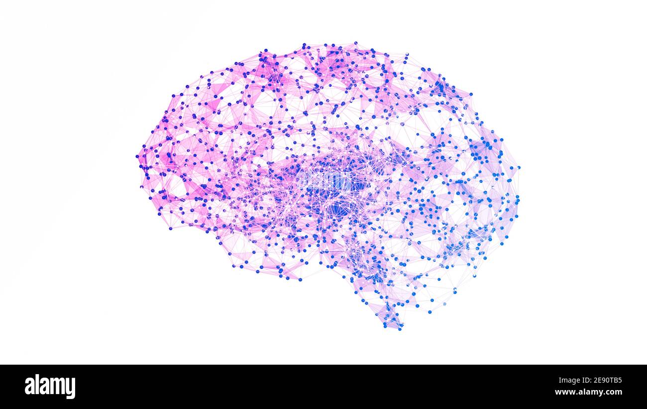Abstraktes geometrisches Gehirn mit Netzwerkverbindungen. 3D Rendering Illustration isoliert auf weißem Hintergrund. Künstliche Intelligenz Konzept Stockfoto