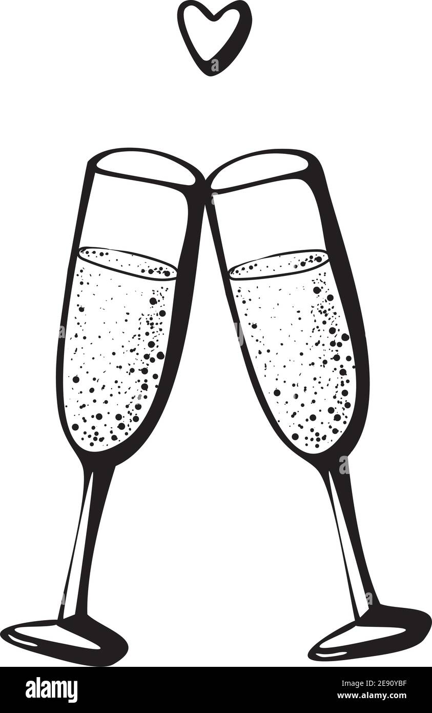 Vektor-Doodle handgezeichnete Skizze schwarz Illustration von zwei Champagner Brille Paar Liebe trinken Prost auf weißem Hintergrund Stock Vektor