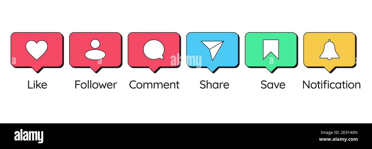 Social Media sprudelt mit Symbolen wie „Gefällt mir“, „Follower“, „Kommentieren“, „Teilen“, „Speichern“ und „Benachrichtigung“. Bekanntmachung und Handlungsaufruf für Social Media Commu Stock Vektor