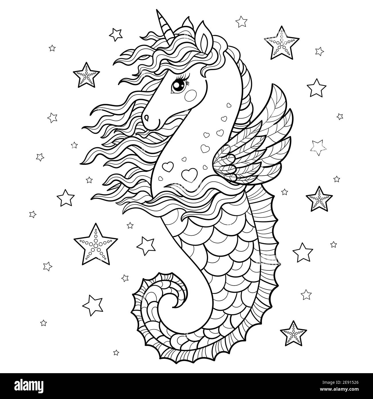 Magisches Einhorn Seepferdchen. Schwarzweiß-Bild. Lineare Zeichnung. Vektor Stock Vektor