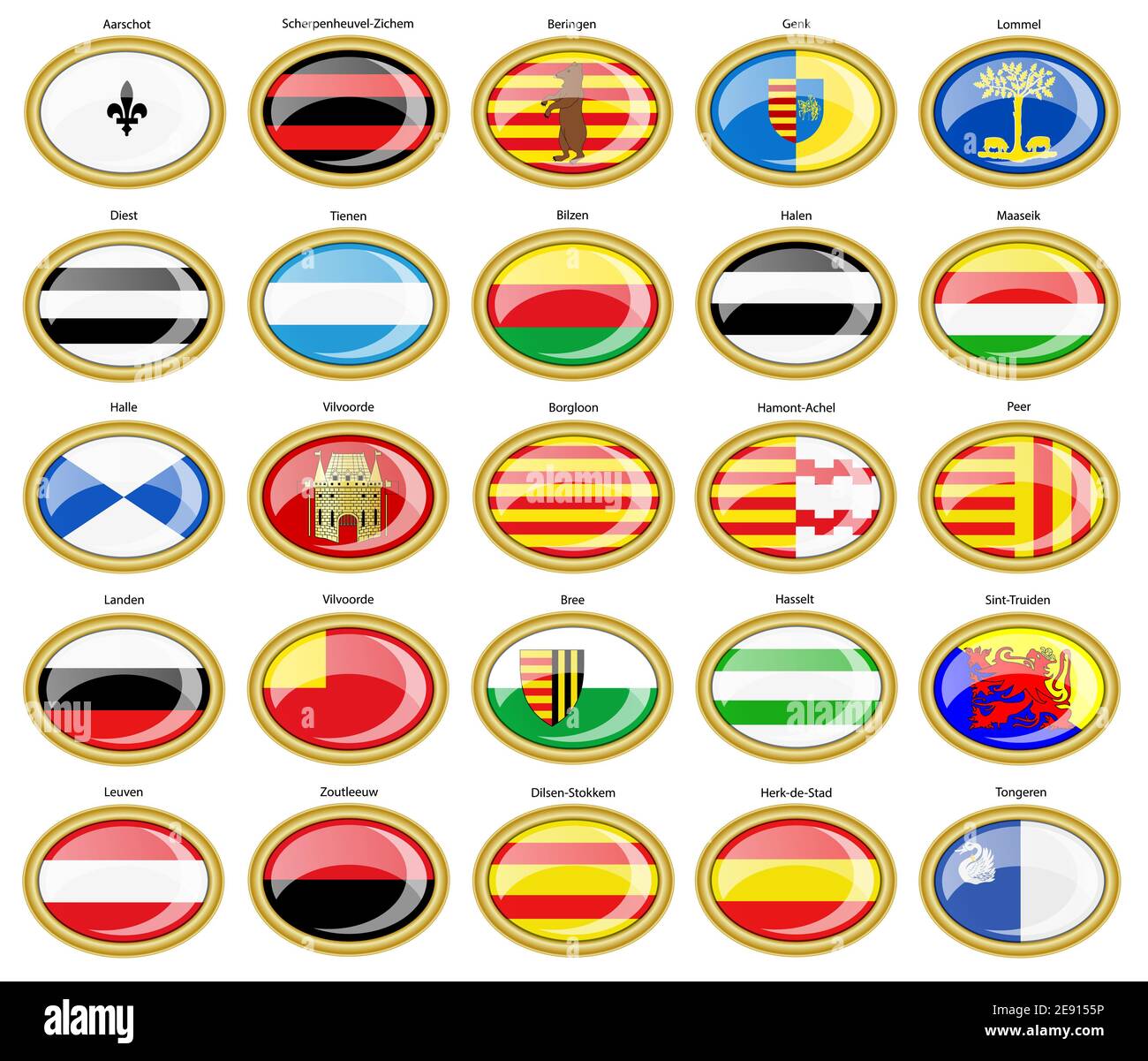 Satz von Vektorsymbolen. Städte in Flandern (Flämisch-Brabant und Limburg Provinzen), Belgien. Stockfoto
