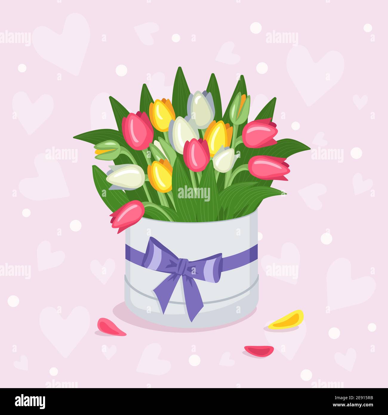 Box mit bunten Tulpen und lila Band für Valentinstag, Frauentag, Muttertag. Ein Geschenk für ein Mädchen, Mama, Großmutter, Freundin. Vektor Stock Vektor