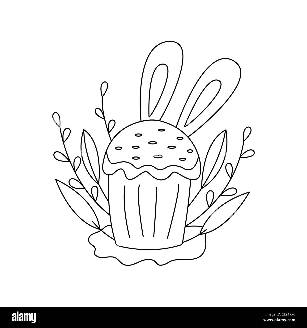 Osterkuchen dekoriert. Weidenzweige, Hase versteckt hinter einem Kuchen. Schwarz-Weiß-Doodle Vektor-Illustration isoliert. Frohe Ostern. Traditionelles Essen und s Stock Vektor