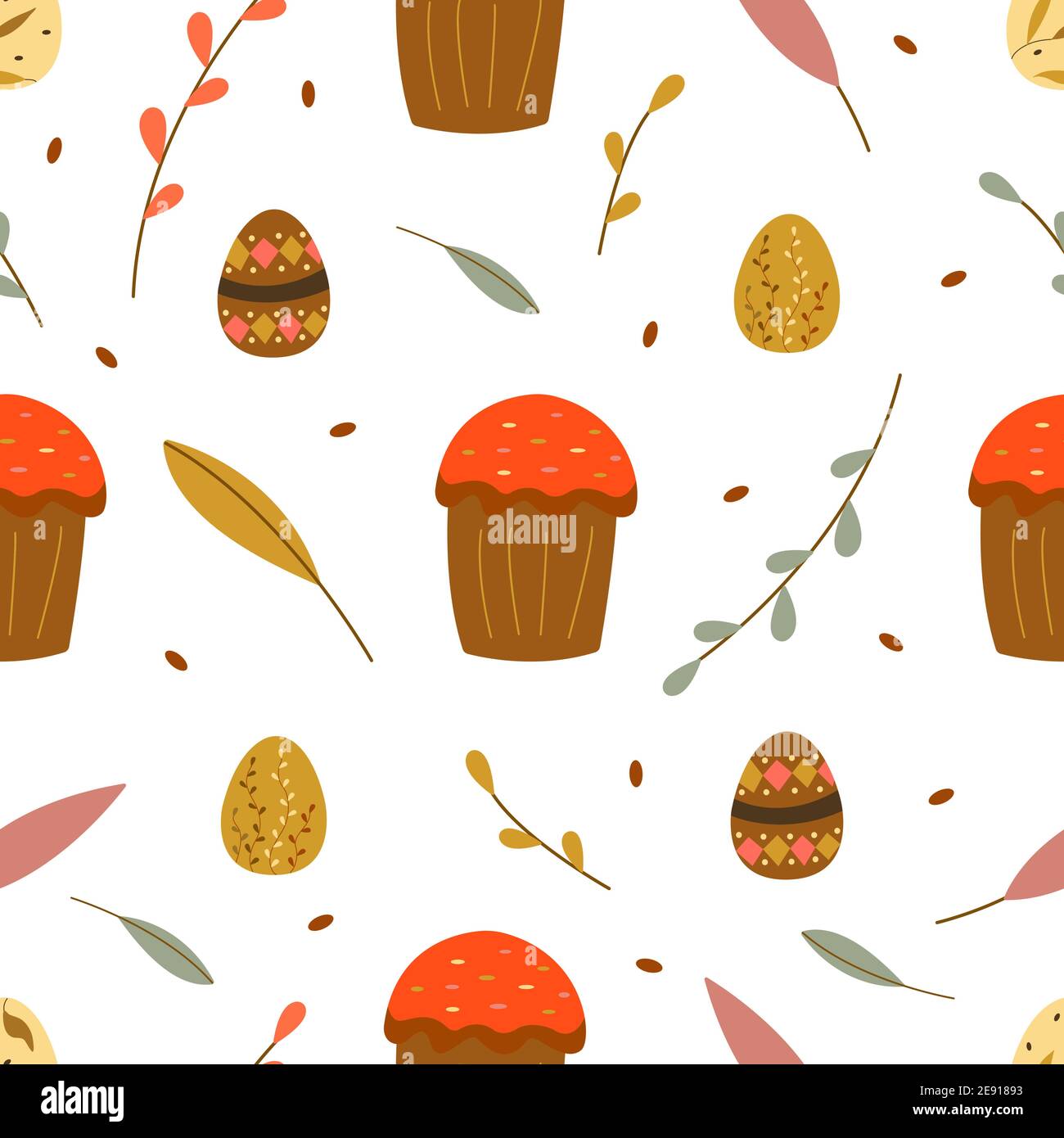 Nahtloses Muster mit Osterkuchen, Eiern, Weidenzweigen und Blättern. Frohe Ostern. Bunte Vektor Cartoon Illustration. Geeignet zum Einwickeln von Papier, Fab Stock Vektor