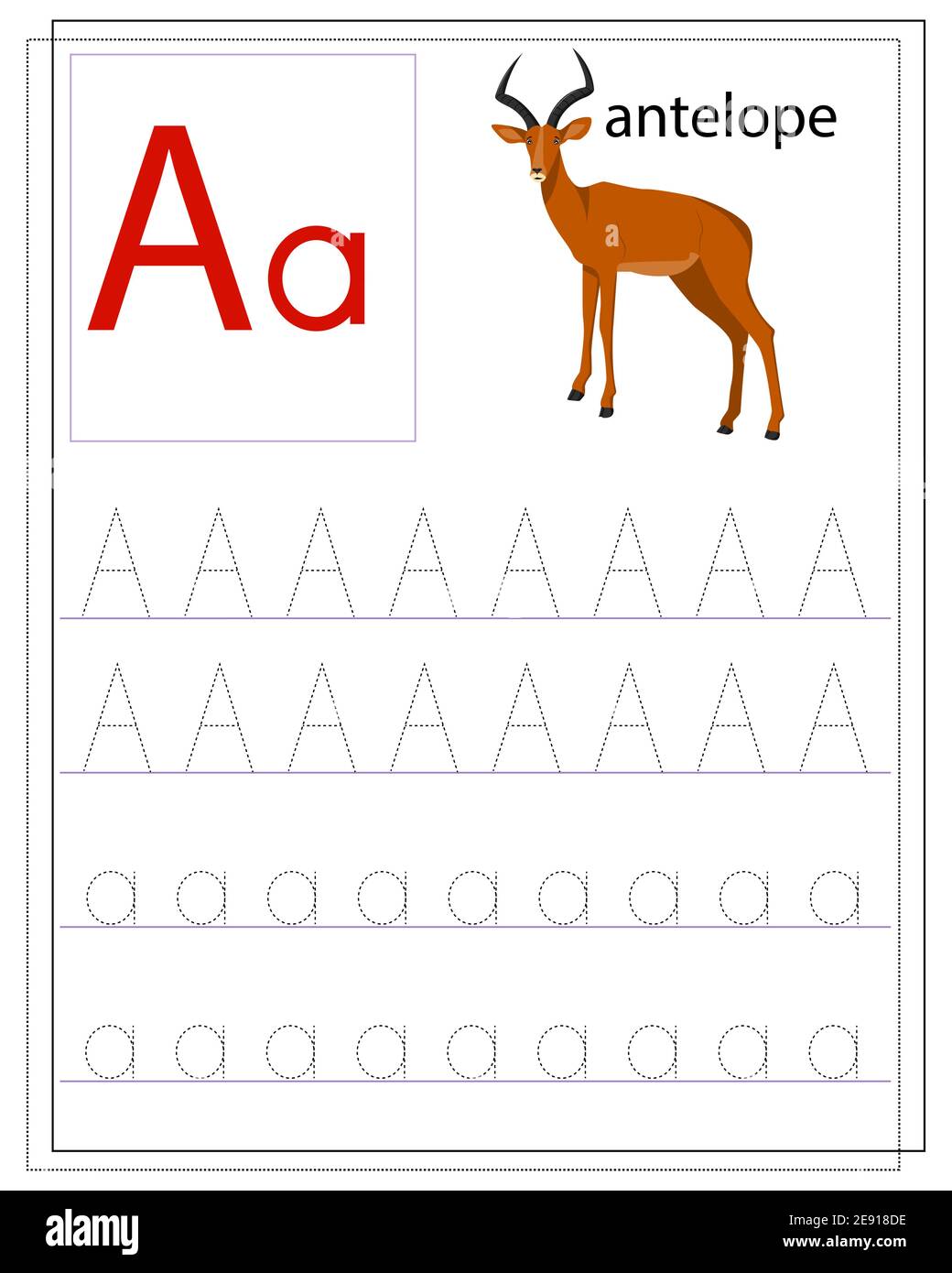Ein Arbeitsblatt für Kinder mit dem Buchstaben A zum Erlernen des englischen Alphabets. Stock Vektor