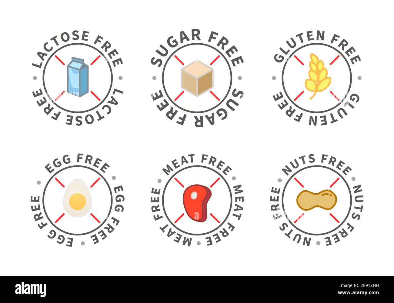 Set von modernen einfachen Lebensmittel-Icons, laktosefrei, zuckerfrei, Nüsse frei, Ei frei, Fleisch frei, glutenfrei auf weiß Stock Vektor