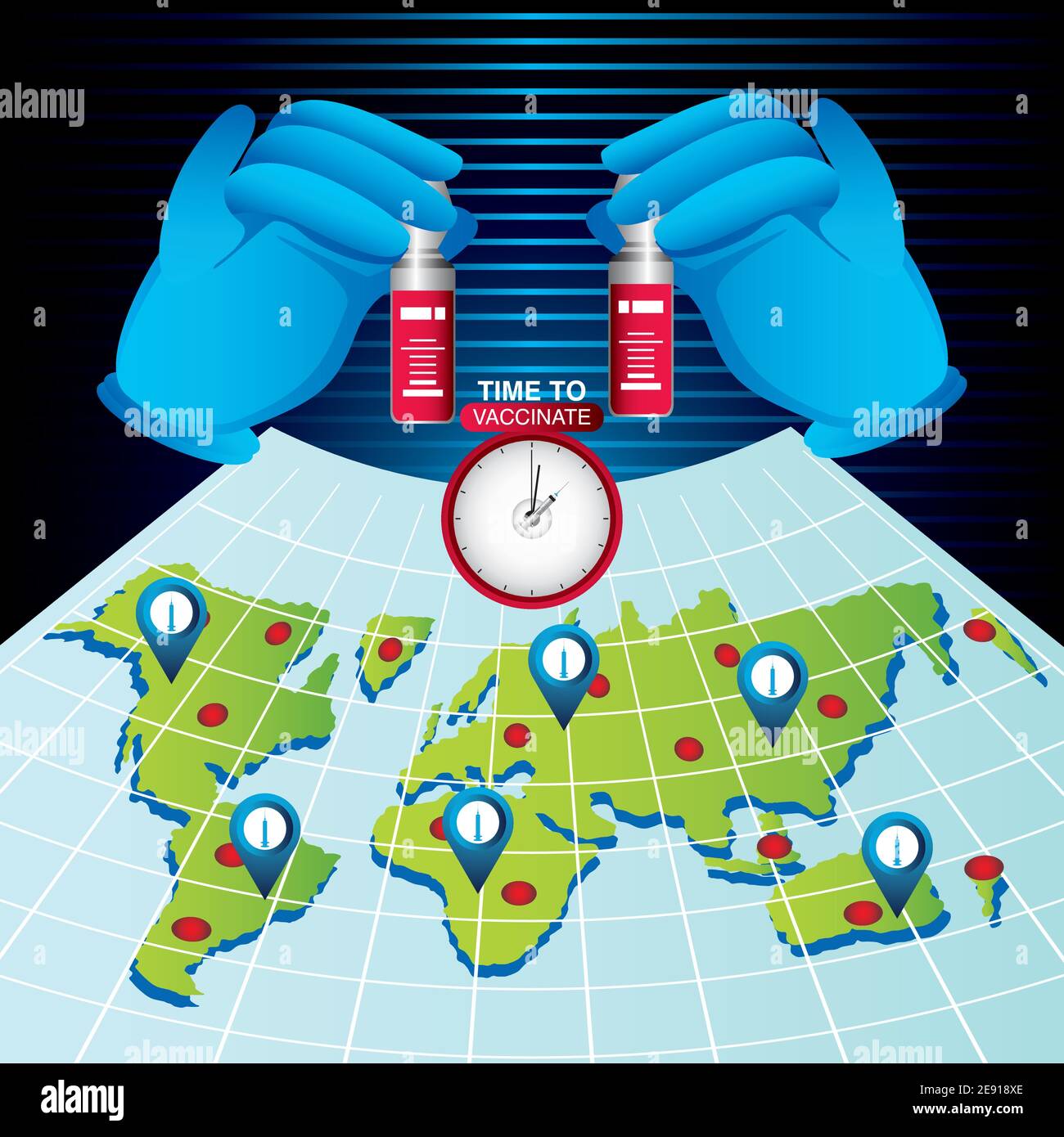Weltimpfstoff Zeit zu impfen, Karte und Hände mit Ampulle covid 19 Coronavirus Vektor Illustration Stock Vektor
