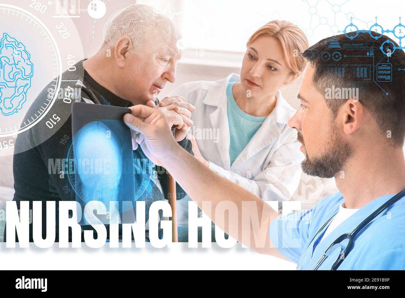 Collage von älteren Mann mit Betreuer und Arzt. Konzept des Pflegeheims Stockfoto