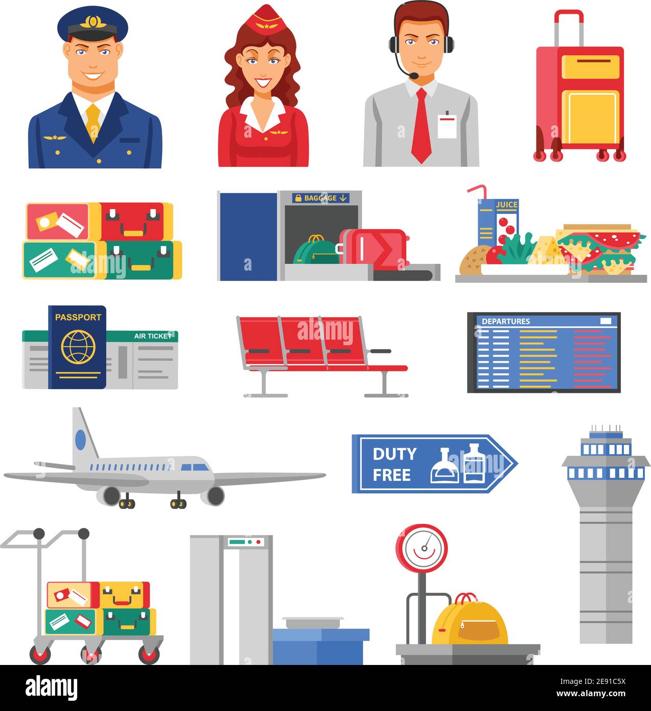 Airport Icon Set Flugbegleiter und Piloten Figuren Elemente und flughafengebäude Flugzeuge und Gepäckwagen Vektorgrafik Stock Vektor