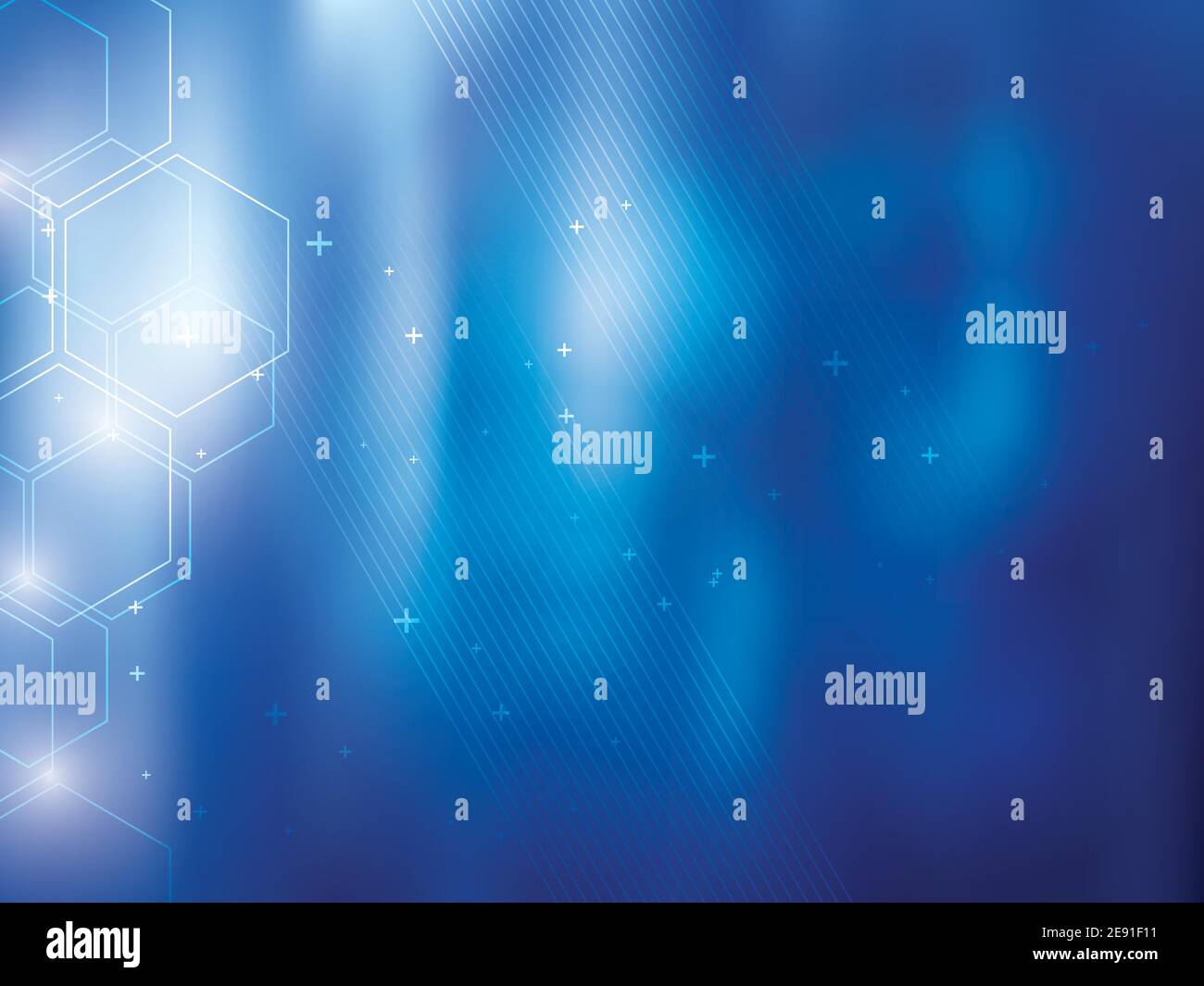 Blaue abstrakte Hintergrundtechnologie mit sechseckigen Formen und parallelen Linien. Heller Hintergrund und lebendige Farben. Stock Vektor