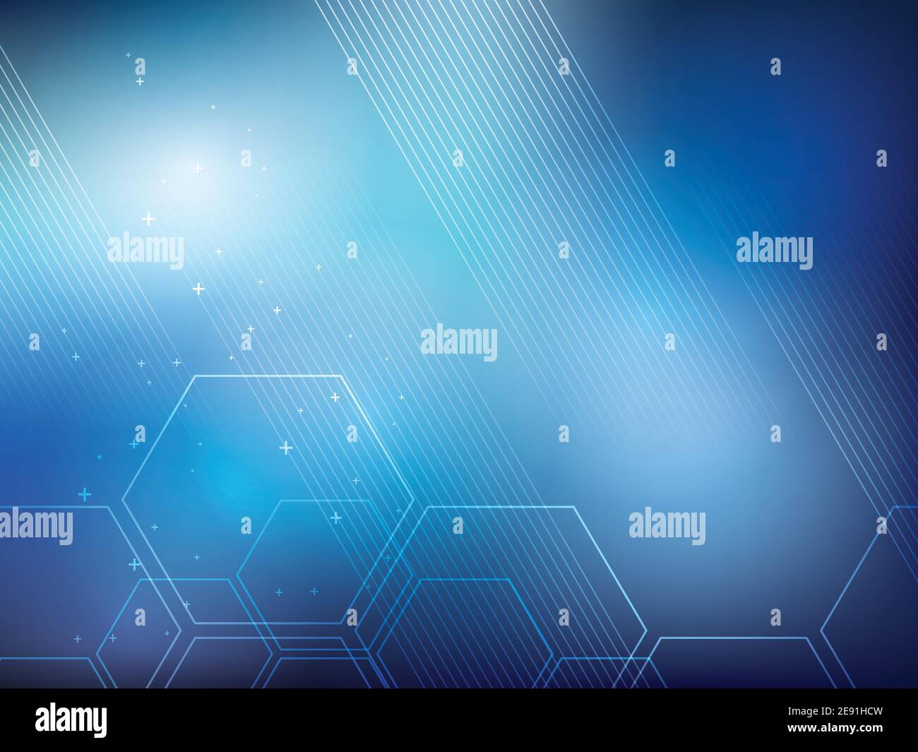 Blaue abstrakte Hintergrundtechnologie mit sechseckigen Formen und parallelen Linien. Heller Hintergrund und lebendige Farben. Stock Vektor