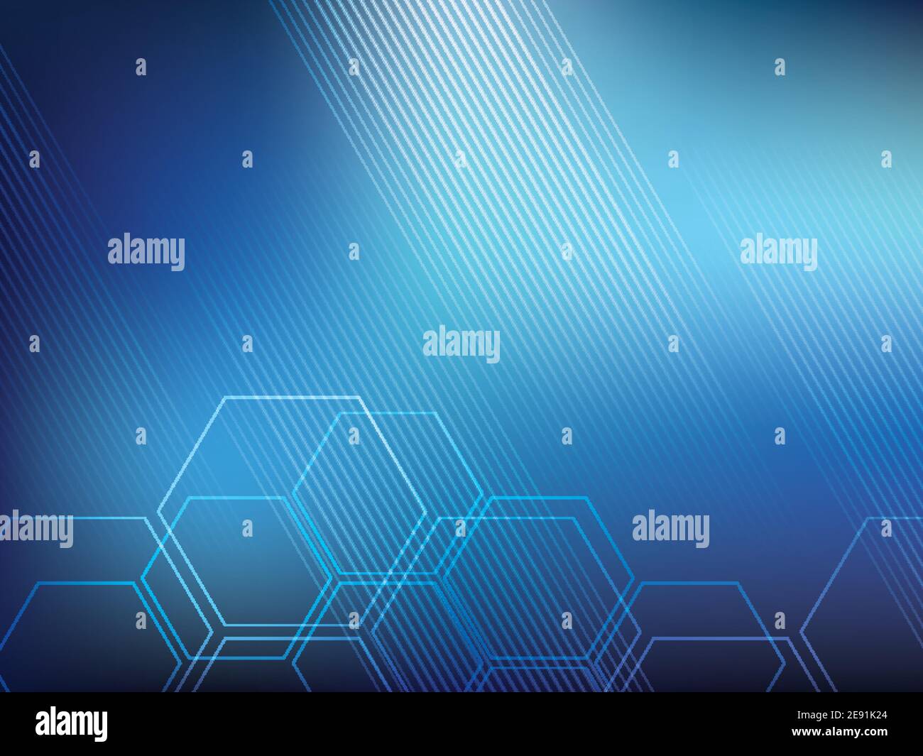 Blaue abstrakte Hintergrundtechnologie mit sechseckigen Formen und parallelen Linien. Heller Hintergrund und lebendige Farben. Stock Vektor