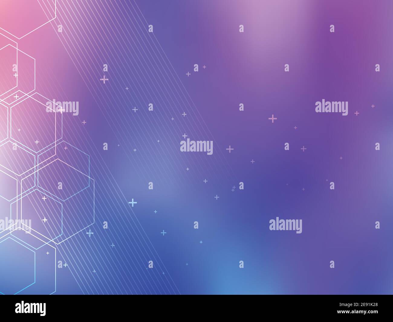 Blau und lila abstrakten Hintergrund-Technologie mit sechseckigen Formen und parallelen Linien. Heller Hintergrund und lebendige Farben. Stock Vektor