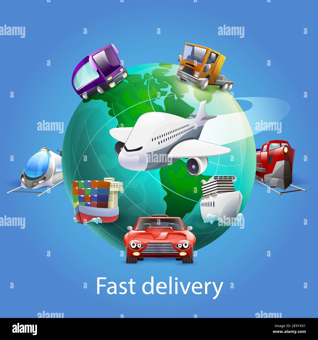 Schnelle Lieferung Cartoon-Konzept mit Globus Flugzeug Auto und Schiff Vektorgrafik auf blauem Hintergrund Stock Vektor