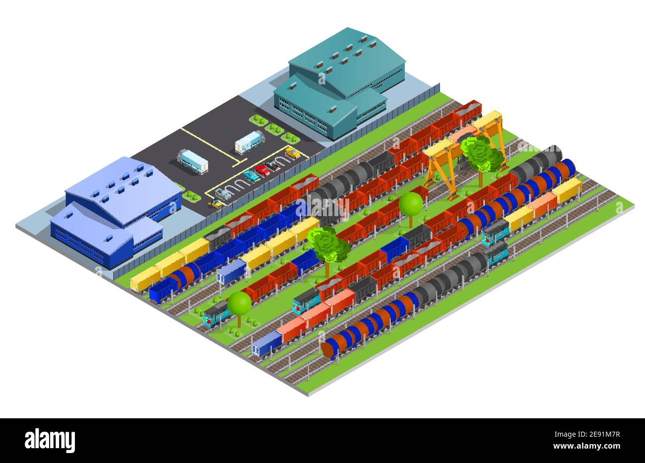 Eisenbahn Güterverkehr isometrisches Design-Konzept mit Lagerbau und Bahngleise mit Zisternen Behälter Kühlschränke flach vec Stock Vektor