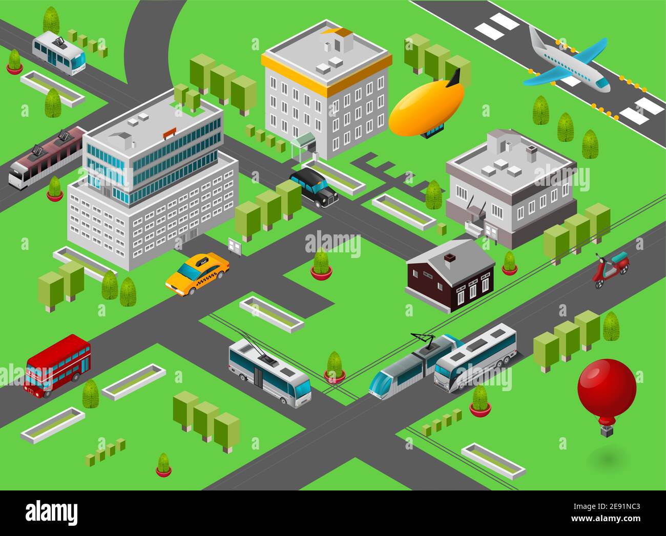 Isometrische Stadtansicht mit Symbolen für öffentliche Verkehrsmittel Stock Vektor