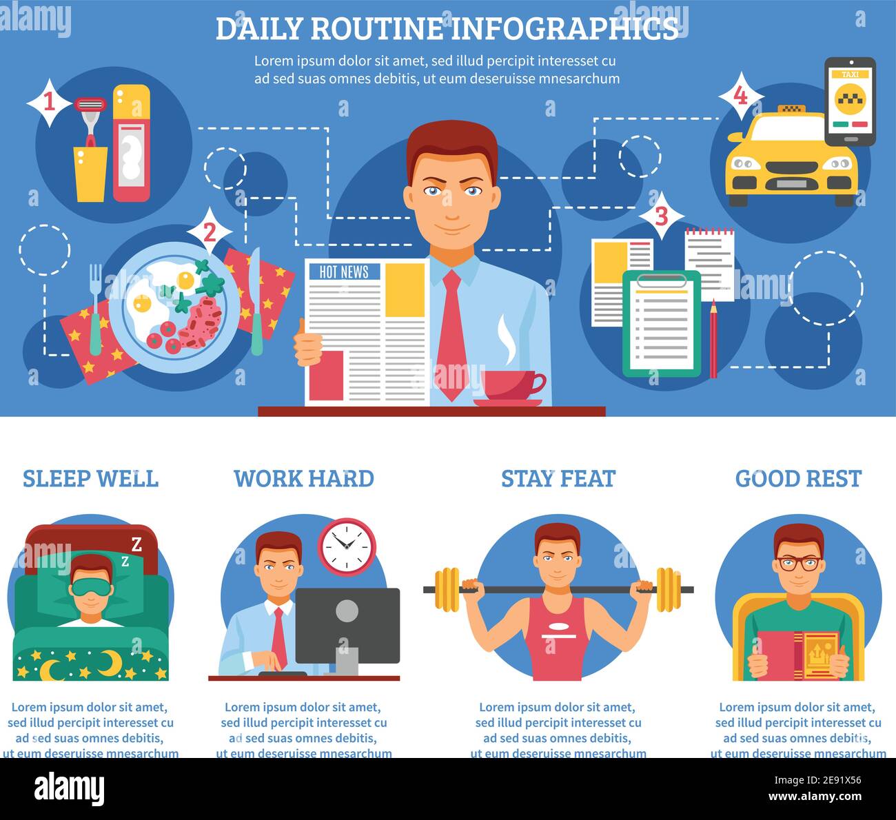 Der Mensch tägliche Routine Infografiken mit Beschreibungen der Schlaf Wand Arbeit Hard Stay feat und Good Rest Vektor Illustration Stock Vektor