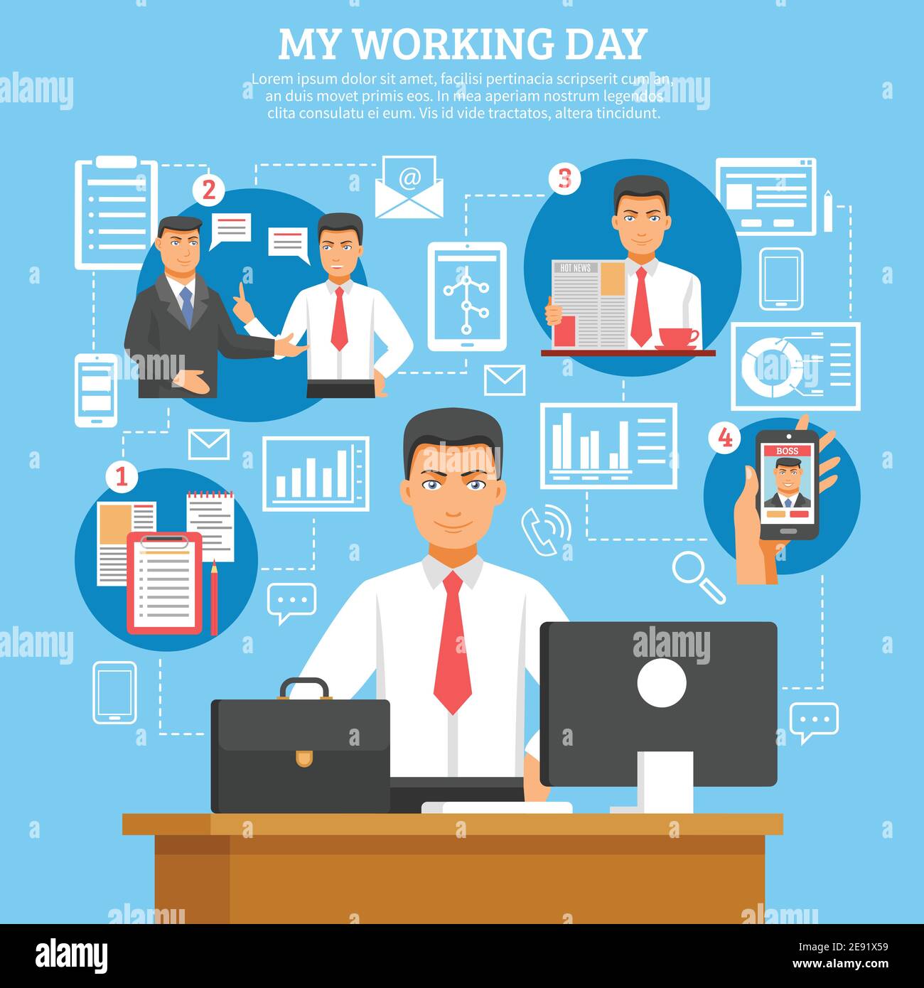 Mann tägliche Routine Poster mit Beschreibungen, was Geschäftsmann tun jeden Tag von morgens bis abends Vektor-Illustration Stock Vektor