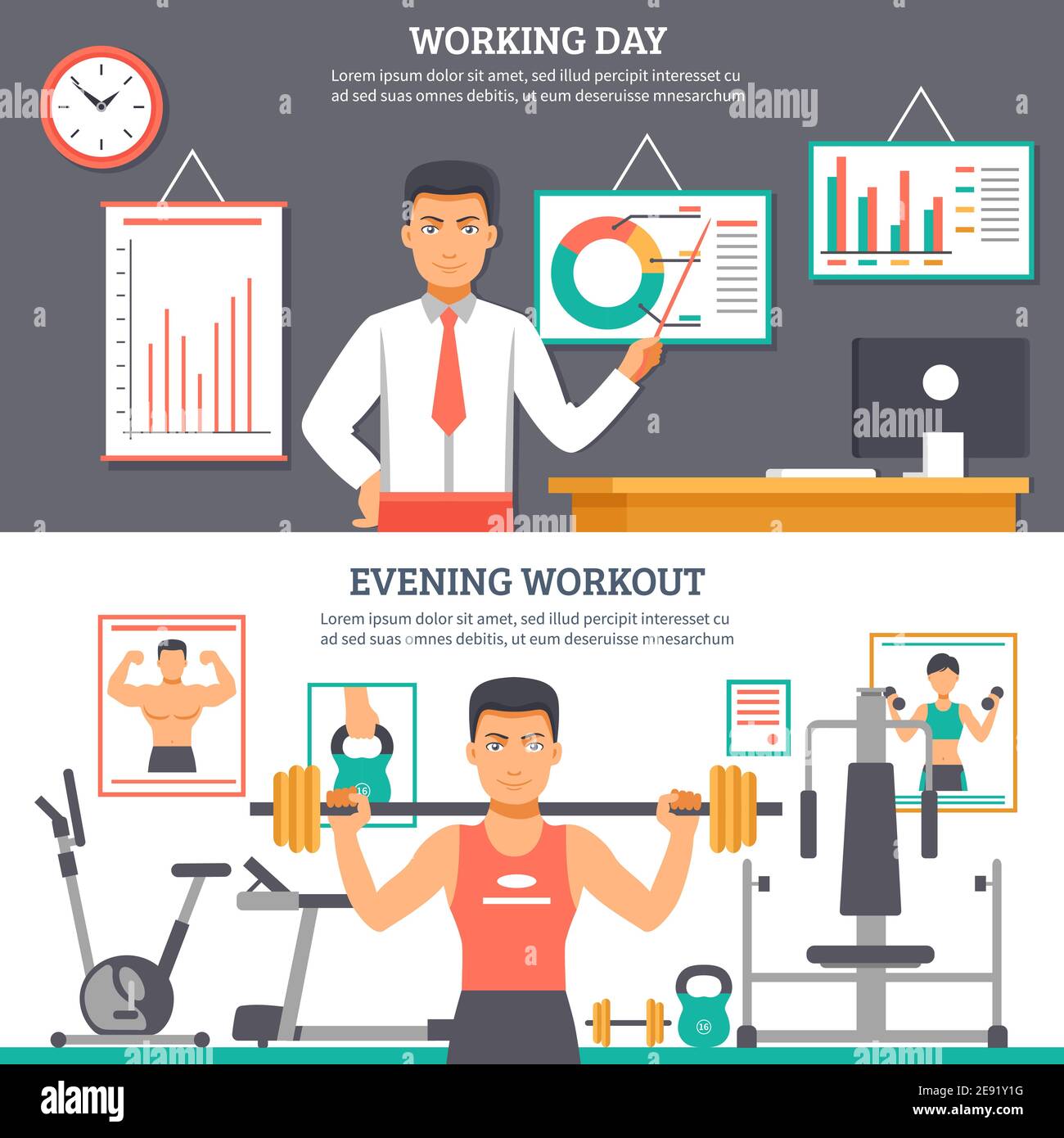 Zwei horizontale Mann täglichen Routine Banner-Set mit Beschreibungen von Vektor-Illustration für Work-Day- und Evening-Workout Stock Vektor